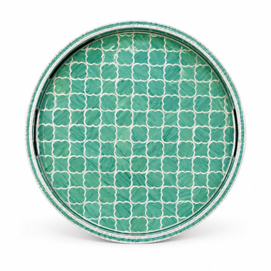 Round Lacquer Tray - Teal Lattice