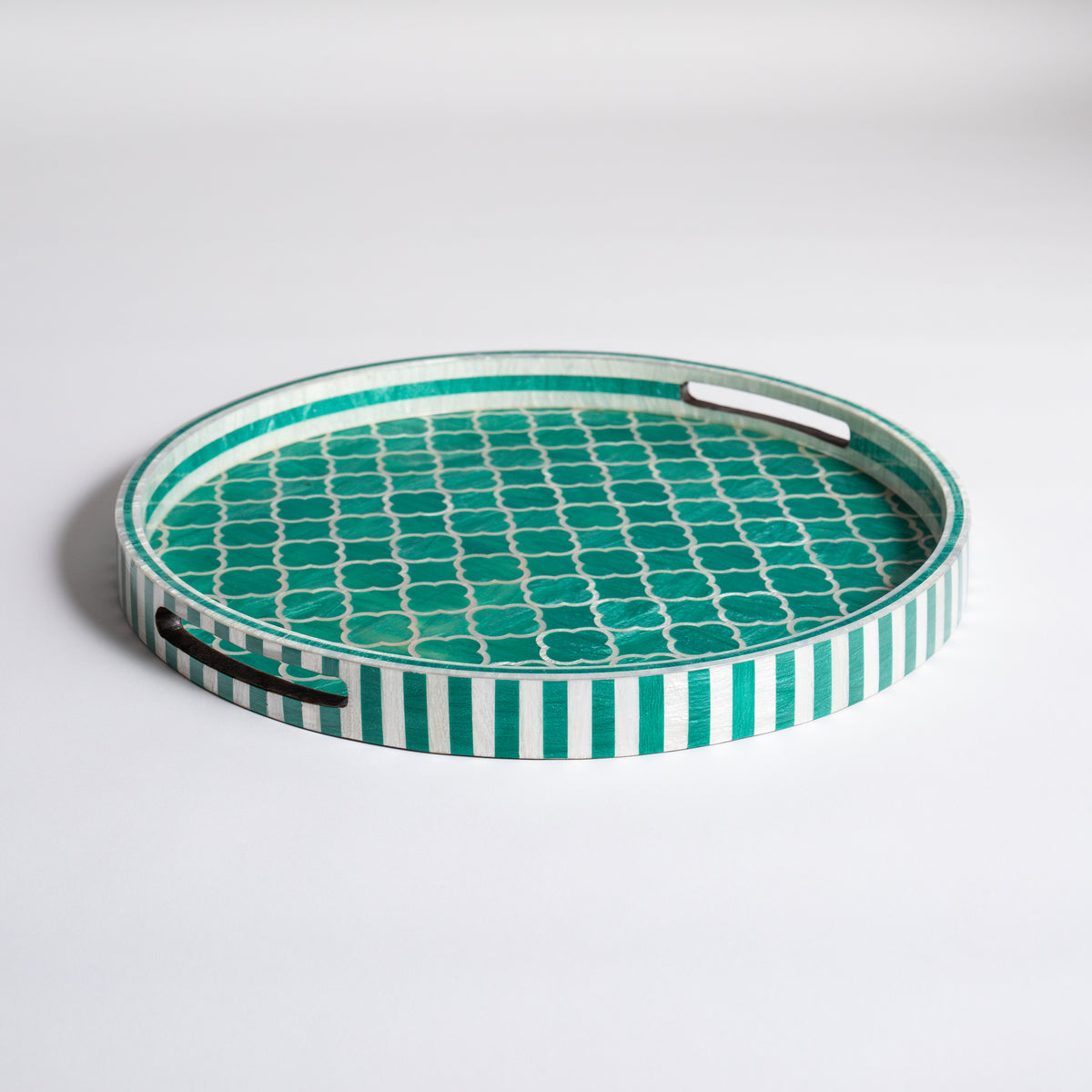 Round Lacquer Tray - Teal Lattice