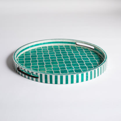 Round Lacquer Tray - Teal Lattice